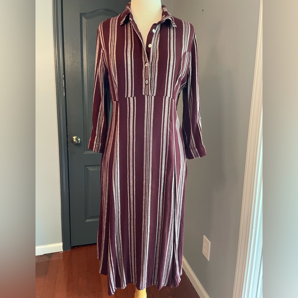 Altar’d State Striped Button Down Burgundy Retro Pin Up Midi Dress - Picture 2 of 11